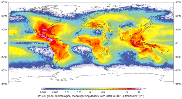 ESSD - World Wide Lightning Location Network (WWLLN) Global Lightning  Climatology (WGLC) and time series, 2022 update
