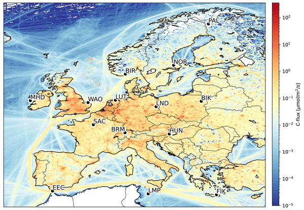 Location of test sites (red squares on the map of Europe). For each